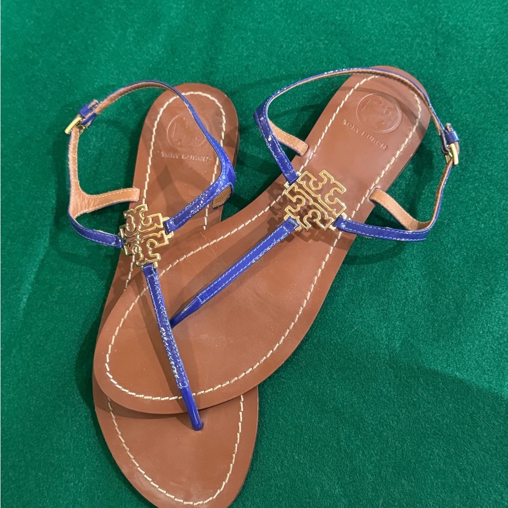 Tory Burch Blue and Gold Sandals with Ornamental Detail